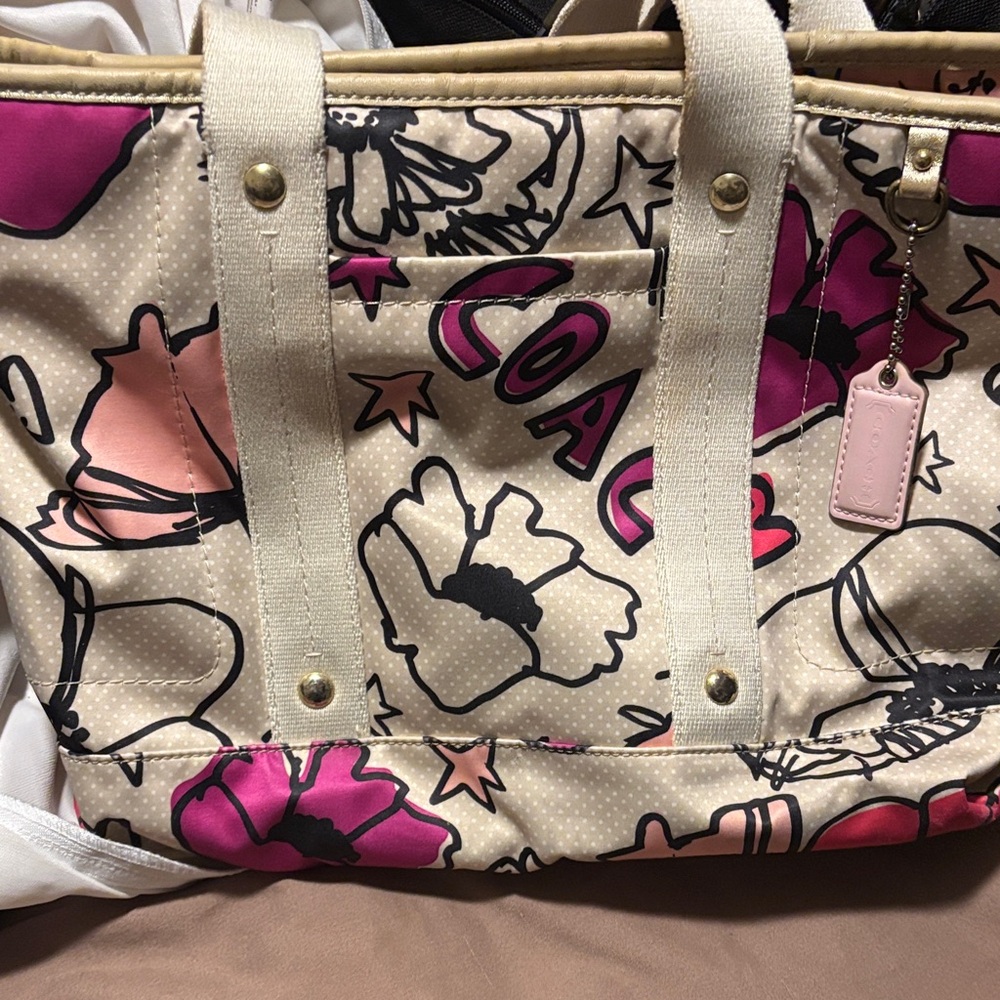 Coach Floral Canvas Tote - Cream and Pink